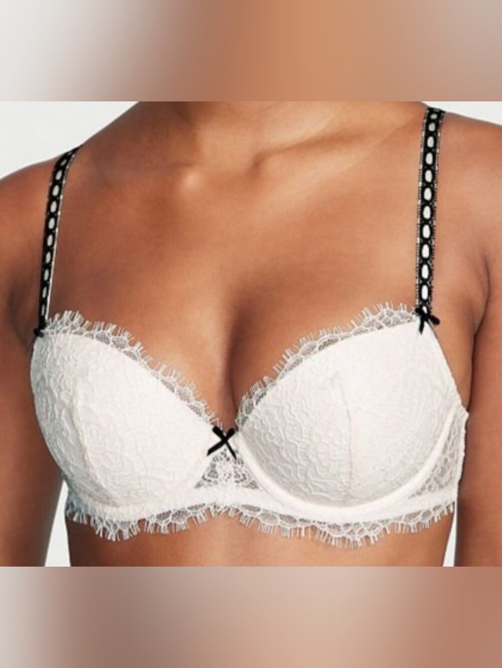 32DD 32D3 VS Lightly Lined Lace Black Ribbon Slot Demi Bra Coconut White